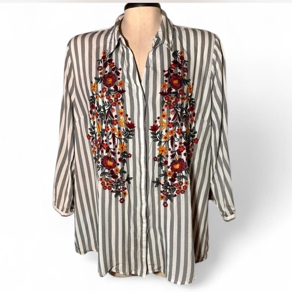 Floral Embroidered Striped Boho Western Rayon Blouse XXL Skies Are Blue
